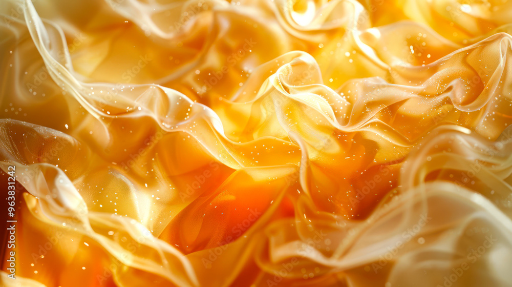Abstract golden wavy background with white particles. Close-up of a piece of yellowish fabric. The fabric is very soft and textured Abstract golden wavy background with white particles. Close-up of a piece of yellowish fabric. The fabric is very soft and textured