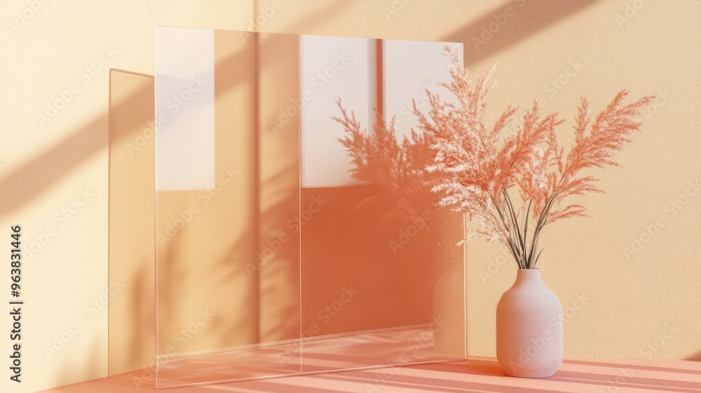 A vase of flowers sits on a table in front of a wall. The scene is bright and cheerful, with the flowers adding a pop of color to the room A vase of flowers sits on a table in front of a wall. The scene is bright and cheerful, with the flowers adding a pop of color to the room