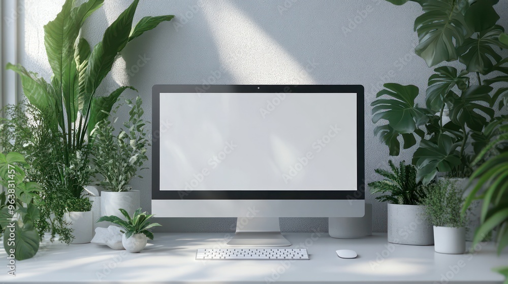 A computer monitor sits on a desk in front of a wall of plants. The plants are tall and green, and the monitor is white. Concept of calm and relaxation, as the plants A computer monitor sits on a desk in front of a wall of plants. The plants are tall and green, and the monitor is white. Concept of calm and relaxation, as the plants