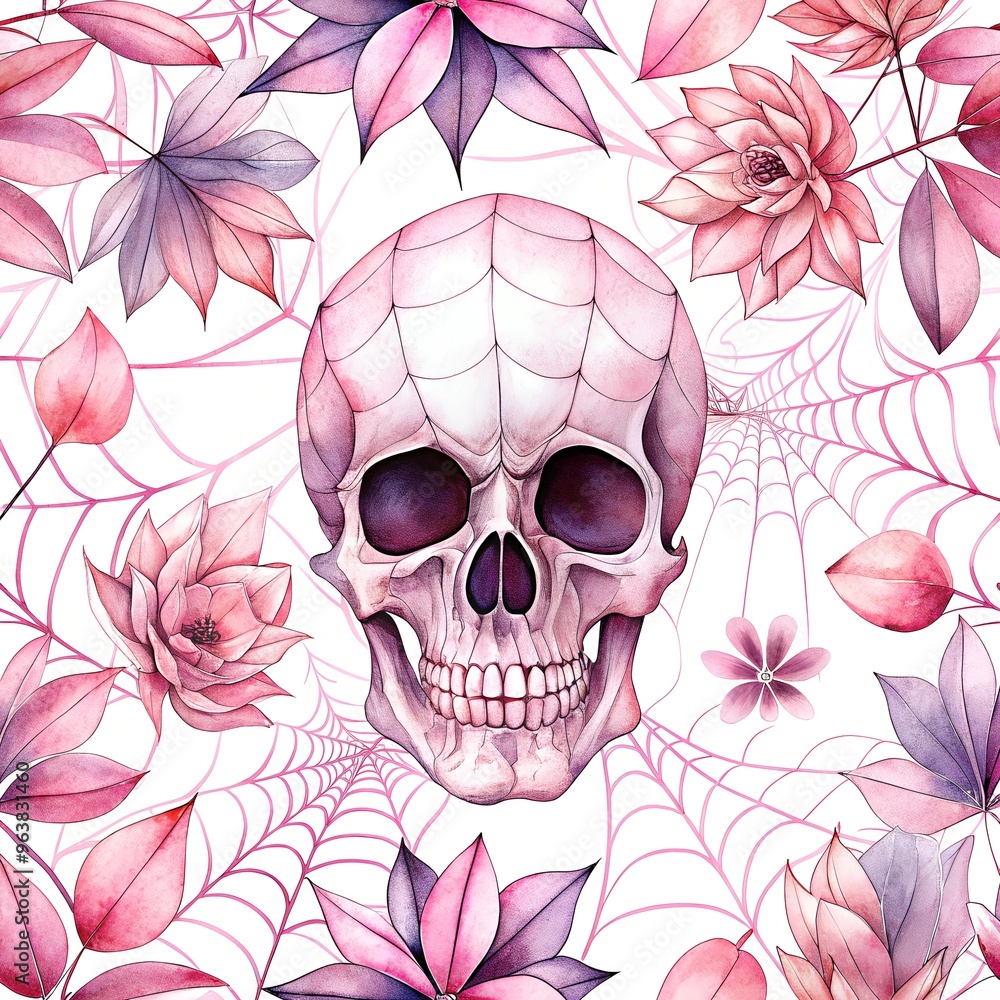 Fototapeta premium Ethereal Pink Skull Crowned with Delicate Floral Whispers