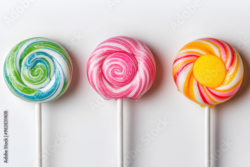 Three colorful lollipops on white background.