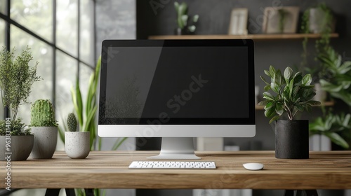 A computer monitor sits on a wooden desk next to a potted plant. The room is filled with greenery, creating a calming and natural atmosphere. The computer monitor is turned off