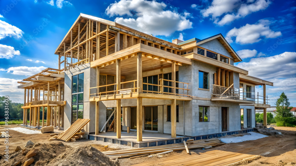 Construction site with partially built house, wooden scaffolding, and blue sky Home under construction, materials on site, bright blue sky, residential setting. Construction site with partially built house, wooden scaffolding, and blue sky Home under construction, materials on site, bright blue sky, residential setting.