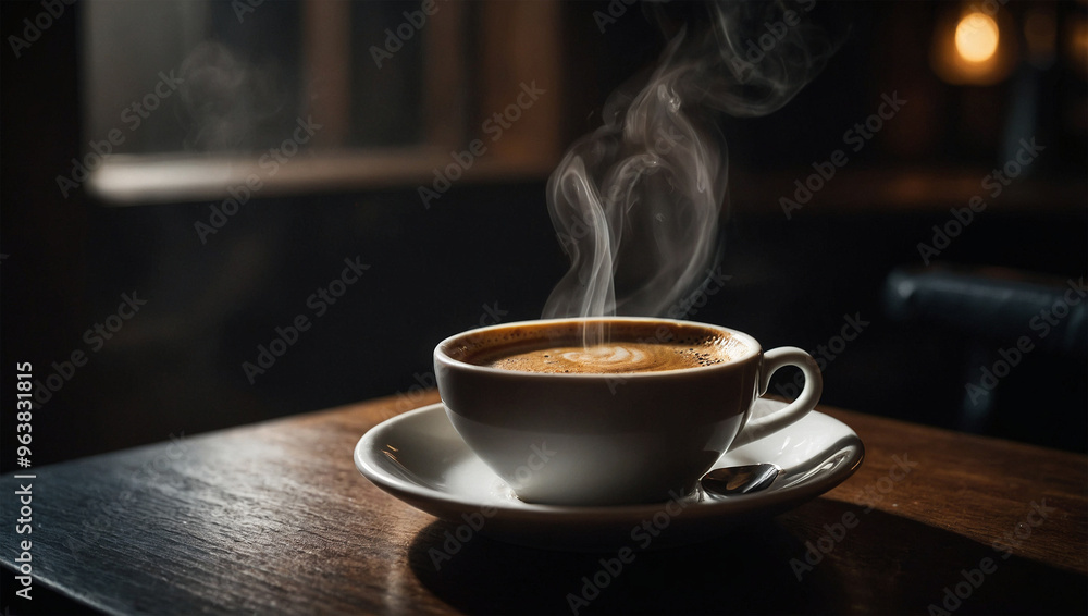 Steaming cup of espresso with a rich crema, highlighted by moody lighting that creates strong contrasts and deep shadows. Steaming cup of espresso with a rich crema, highlighted by moody lighting that creates strong contrasts and deep shadows.