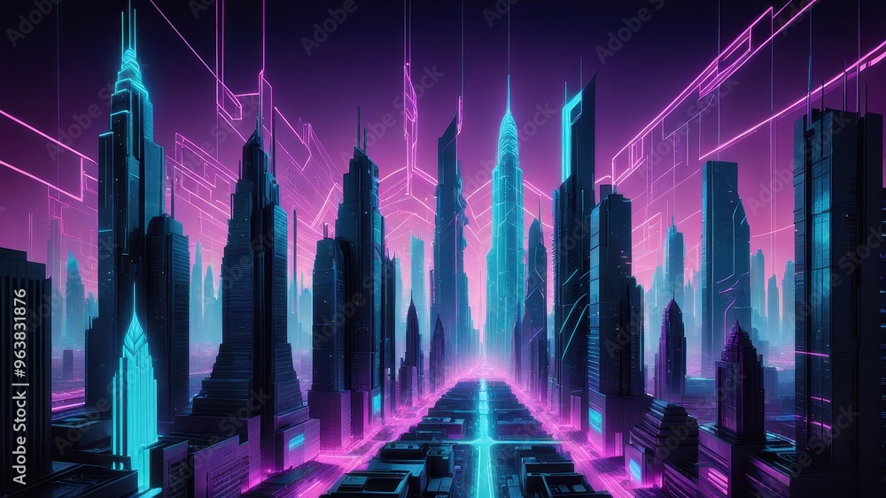 A vibrant, futuristic cityscape with neon lights and towering skyscrapers. A vibrant, futuristic cityscape with neon lights and towering skyscrapers.