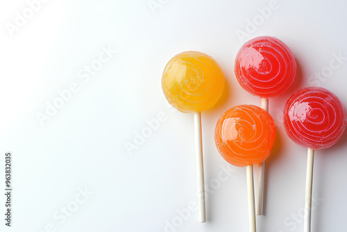 Four colorful lollipops on a white background.