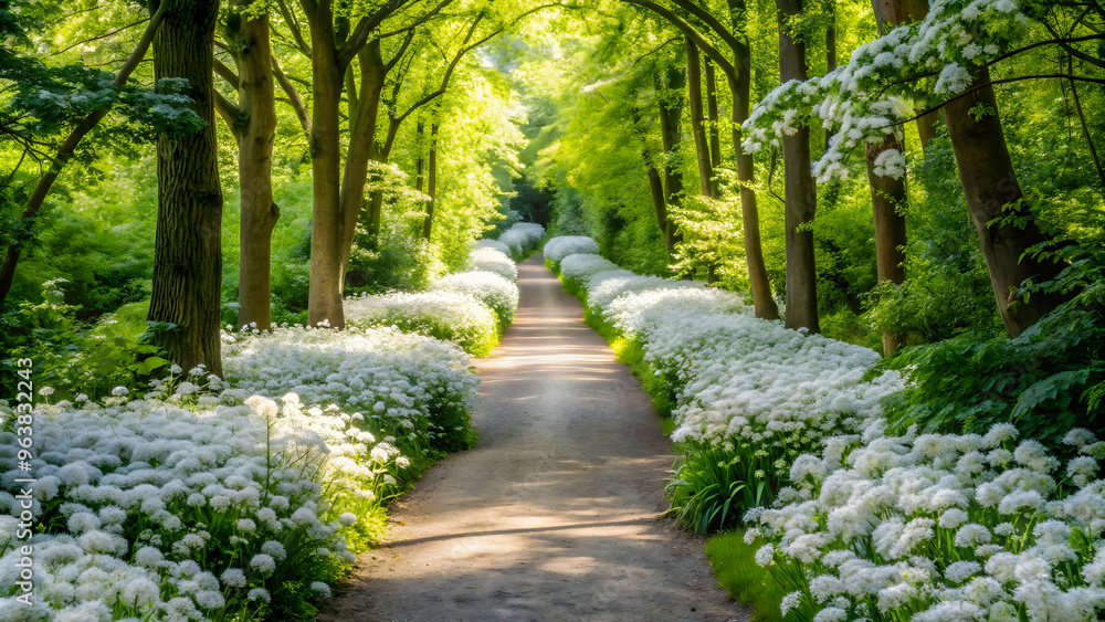 Serene forest path lined with vibrant white flowers.
Sunlit path through a lush green forest, adorned with a carpet of white blooms.