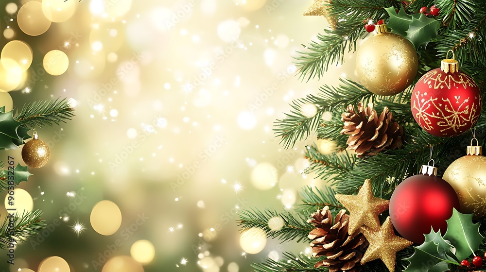 Christmas background with fir tree, golden and red ornaments, pine cones, holly leaves, stars, lights, reflections, shiny background Christmas background with fir tree, golden and red ornaments, pine cones, holly leaves, stars, lights, reflections, shiny background