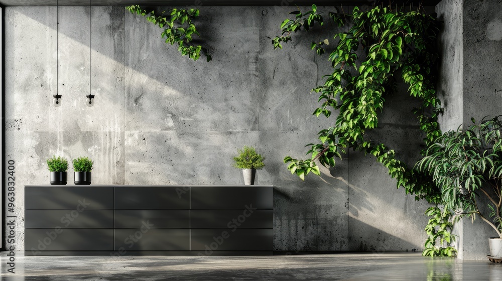 Fototapeta premium Architectural concrete wall with green leaves and black cabinet in loft interior captured in a photo