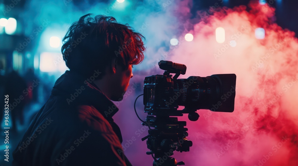 A man is filming a scene with a camera. The scene is set in a city at night with a lot of smoke in the air. The man is wearing a black jacket and he is focused on his work A man is filming a scene with a camera. The scene is set in a city at night with a lot of smoke in the air. The man is wearing a black jacket and he is focused on his work
