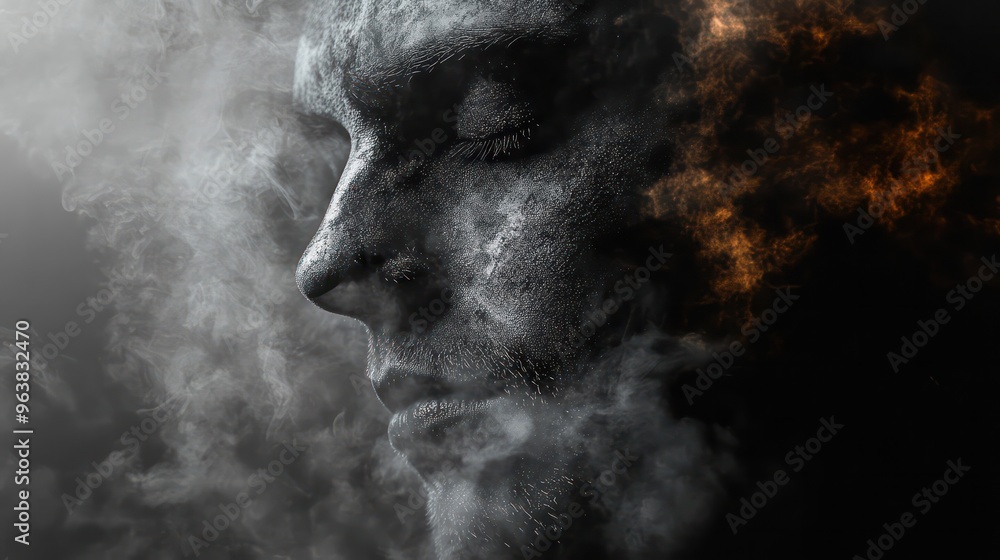 A man's face is covered in smoke and dust, giving it a ghostly appearance. Concept of mystery and intrigue, as the man's features are obscured by the smoke and dust A man's face is covered in smoke and dust, giving it a ghostly appearance. Concept of mystery and intrigue, as the man's features are obscured by the smoke and dust