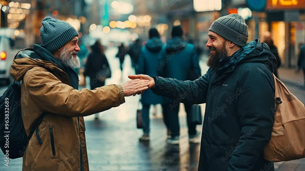 Compassionate gestures in everyday life, featuring a person offering a helping hand to someone in need on a busy street, conveying a moment of kindness and empathy Compassionate gestures in everyday life, featuring a person offering a helping hand to someone in need on a busy street, conveying a moment of kindness and empathy