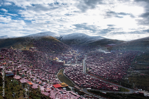 Morning view of Five Science Buddhist Academy (Serta Larung Gar Buddhist Academy, Wuming Buddhist Academy) , in Larung Valley, Seda County, Garze Tibetan Autonomous Prefecture, Sichuan , China. photo