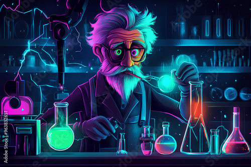 An elderly scientist in a lab coat works with beakers and tubes in a neon-lit laboratory.