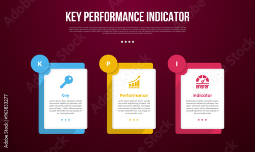 KPI or key performance indicator infographic template with big rectangle box with layer stack and circle badge on top with dark background style with 3 point for slide presentation
