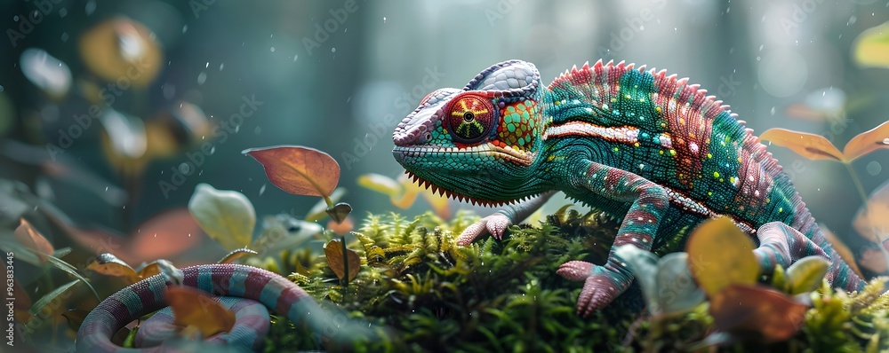 A Colorful Chameleon Resting on Mossy Ground A Colorful Chameleon Resting on Mossy Ground