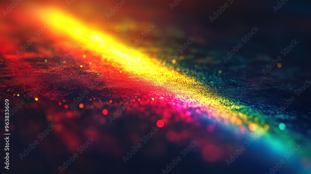 Fototapeta premium A colorful line of dots on a dark background. The dots are of different colors and sizes, creating a sense of movement and energy. The image is abstract and dynamic