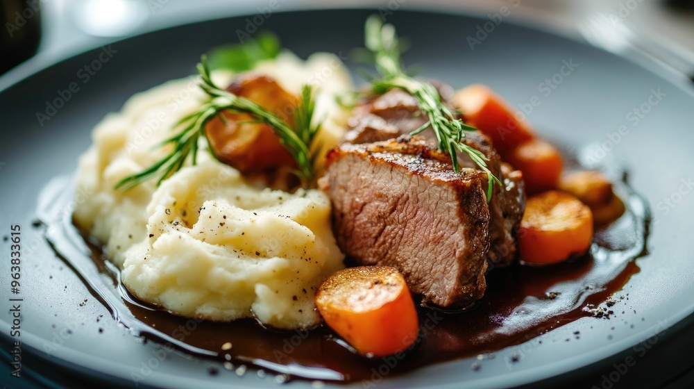 A beautifully plated dish of seasoned meat, mashed potatoes, and roasted vegetables, ready for a hearty meal. A beautifully plated dish of seasoned meat, mashed potatoes, and roasted vegetables, ready for a hearty meal.