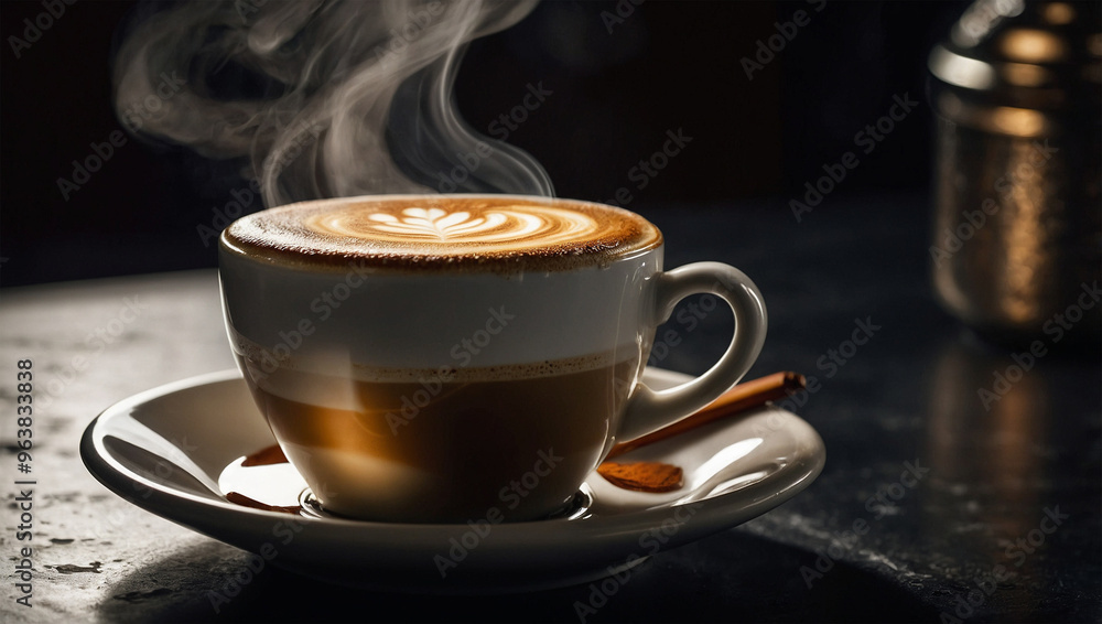Cup of steaming latte with intricate latte art, under dramatic lighting that highlights the steam and frothy milk. Cup of steaming latte with intricate latte art, under dramatic lighting that highlights the steam and frothy milk.