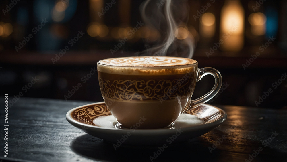 Cup of steaming latte with intricate latte art, under dramatic lighting that highlights the steam and frothy milk. Cup of steaming latte with intricate latte art, under dramatic lighting that highlights the steam and frothy milk.