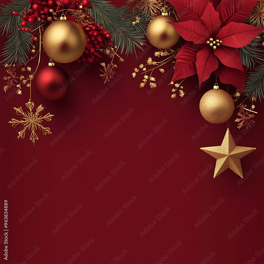Christmas background with golden decorations. Vector illustration on a red color, festive design for a New Year celebration or holiday party decoration Christmas background with golden decorations. Vector illustration on a red color, festive design for a New Year celebration or holiday party decoration