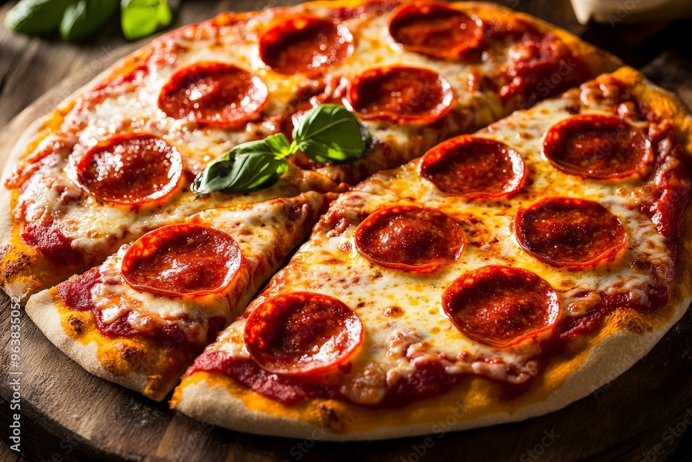A perfectly baked pizza topped with generous slices of pepperoni and melted cheese. The pizza crust is golden and crispy, with the cheese bubbling and slightly browned. A perfectly baked pizza topped with generous slices of pepperoni and melted cheese. The pizza crust is golden and crispy, with the cheese bubbling and slightly browned.