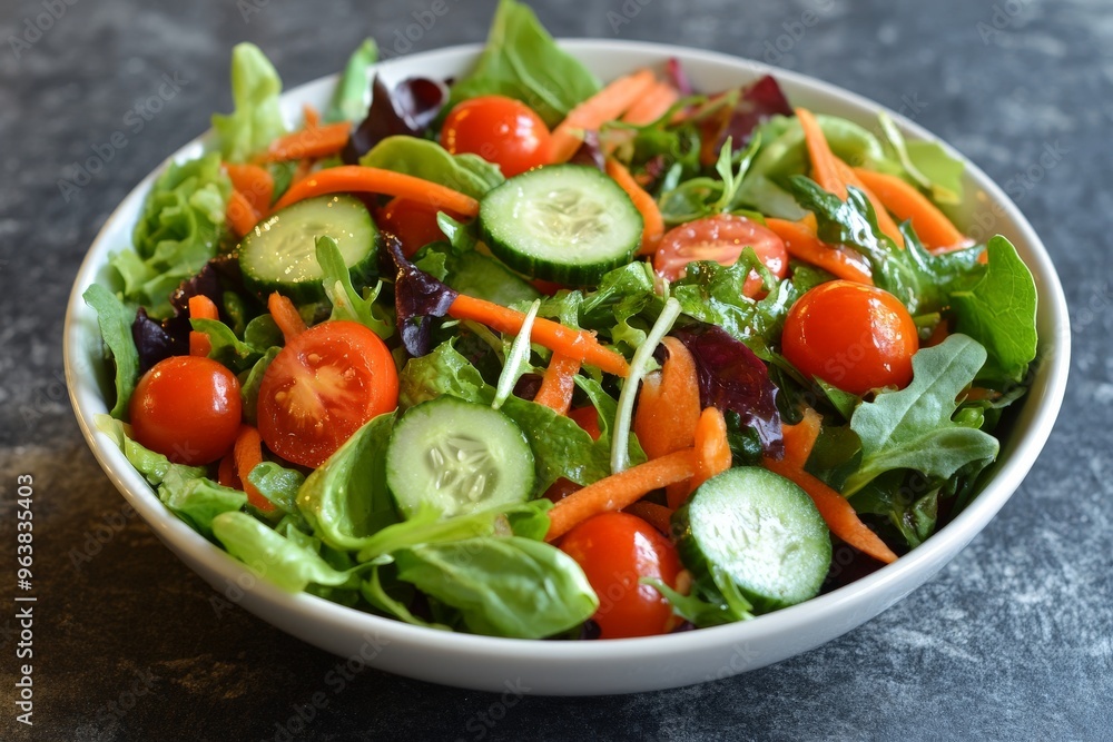 A fresh salad featuring a variety of mixed greens and colorful vegetables. The salad includes crisp lettuce, baby spinach, and arugula, combined with cherry tomatoes, cucumber slices A fresh salad featuring a variety of mixed greens and colorful vegetables. The salad includes crisp lettuce, baby spinach, and arugula, combined with cherry tomatoes, cucumber slices