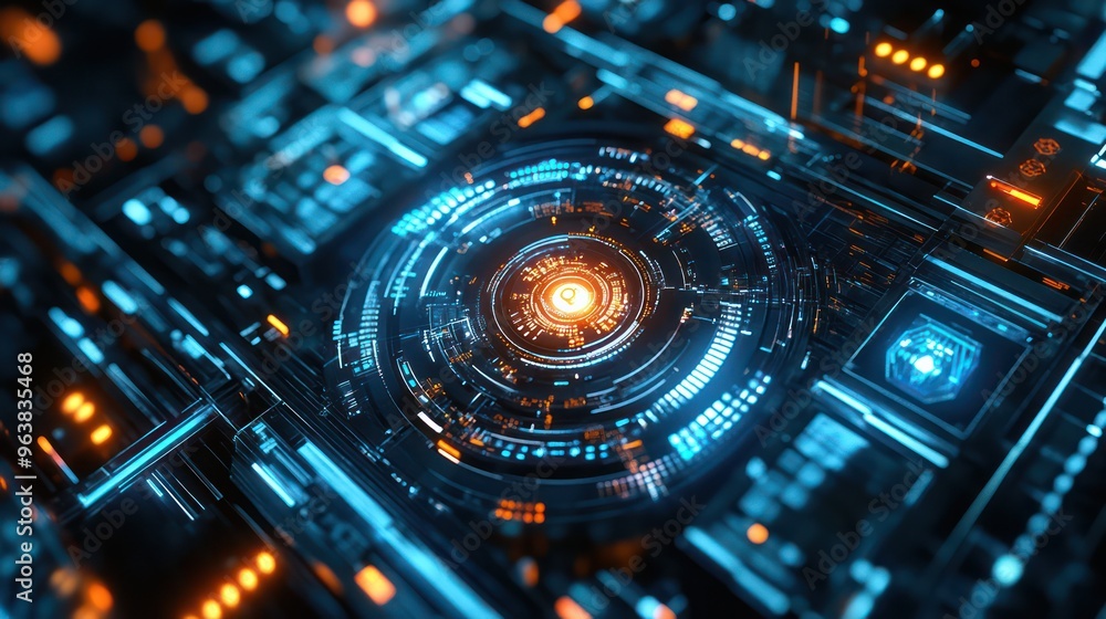 A computer chip with a blue circle in the middle and orange dots surrounding it A computer chip with a blue circle in the middle and orange dots surrounding it