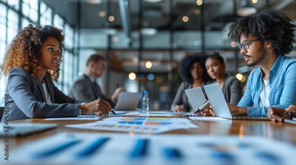 a business meeting with a diverse group of professionals around a conference table, discussing strategies with charts and graphs a business meeting with a diverse group of professionals around a conference table, discussing strategies with charts and graphs