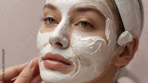 Close up beautician's hands applying anti-aging facial cream on woman client face to prevent wrinkles in spa salon. Skin care, cosmetic procedures for facial care and beauty treatment concept.