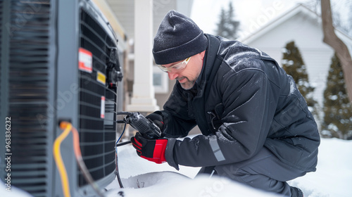 A technician installing an energy-efficient heating pump outside a home, bright winter day, snow-covered ground, focus on the pump, highlighting eco-friendly heating solutions 