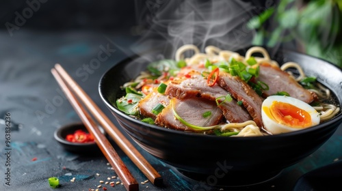 Chinese noodle soup with pork and egg in bowl on black background