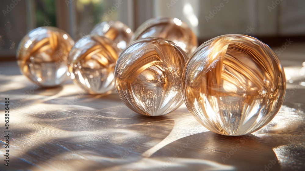 A group of glass spheres are arranged in a row on a wooden floor. The spheres are all different sizes and colors, creating a visually interesting and dynamic display A group of glass spheres are arranged in a row on a wooden floor. The spheres are all different sizes and colors, creating a visually interesting and dynamic display