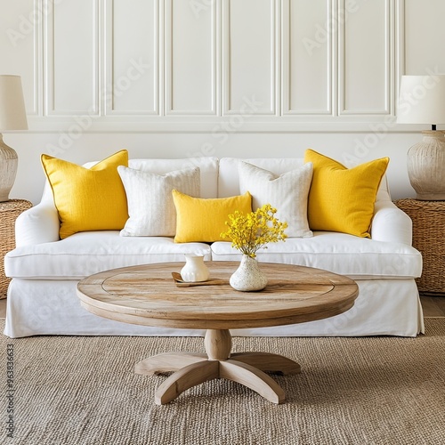 ound coffee table against white sofa with yellow pillows. Farmhouse, country home interior design of modern living room photo