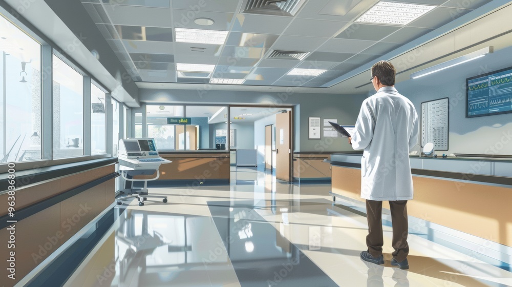 a doctor in a white coat, standing in a modern hospital room, examining a patient's chart a doctor in a white coat, standing in a modern hospital room, examining a patient's chart