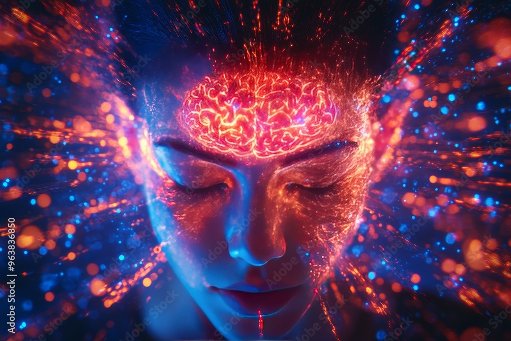 Brain mapping neural circuitry and neurointerface artistic representation of a brain glowing with neural activity in a surreal visual of consciousness expansion Brain mapping neural circuitry and neurointerface artistic representation of a brain glowing with neural activity in a surreal visual of consciousness expansion