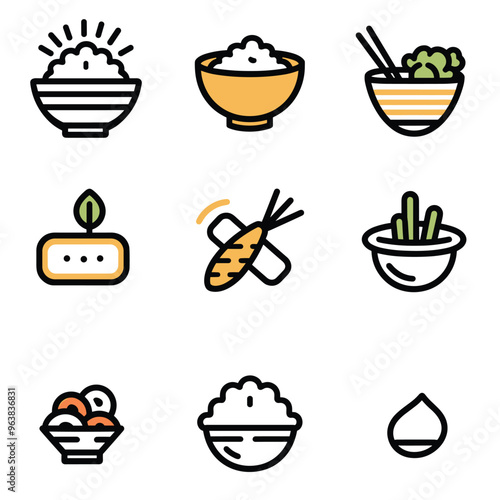 Collection of colorful food icons depicting rice bowls, vegetables, sushi, and salad.