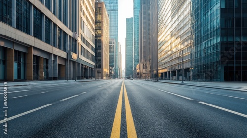 A clean, empty road stretches between modern office buildings, emphasizing urban design and calm in the city.