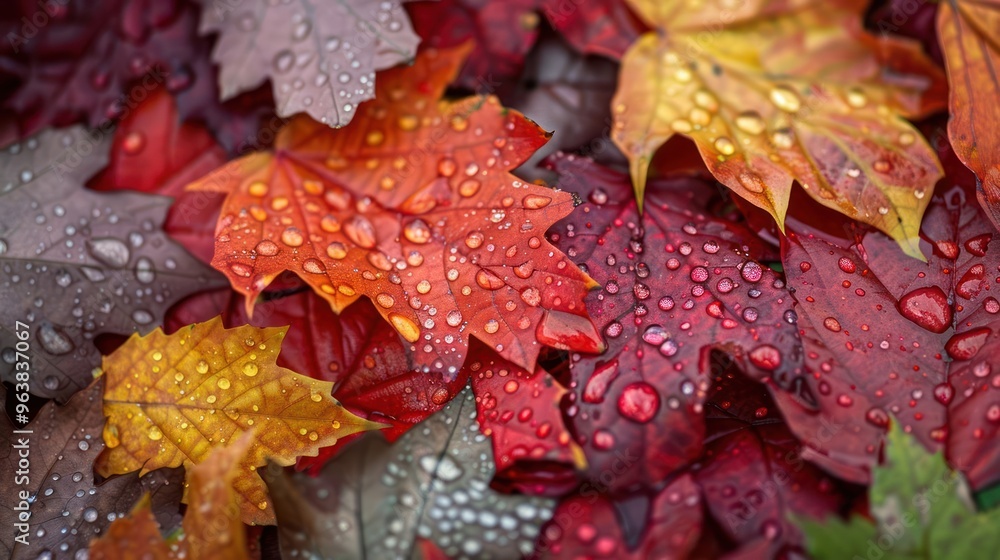 Close-up of colorful autumn leaves covered in raindrops. Close-up of colorful autumn leaves covered in raindrops.