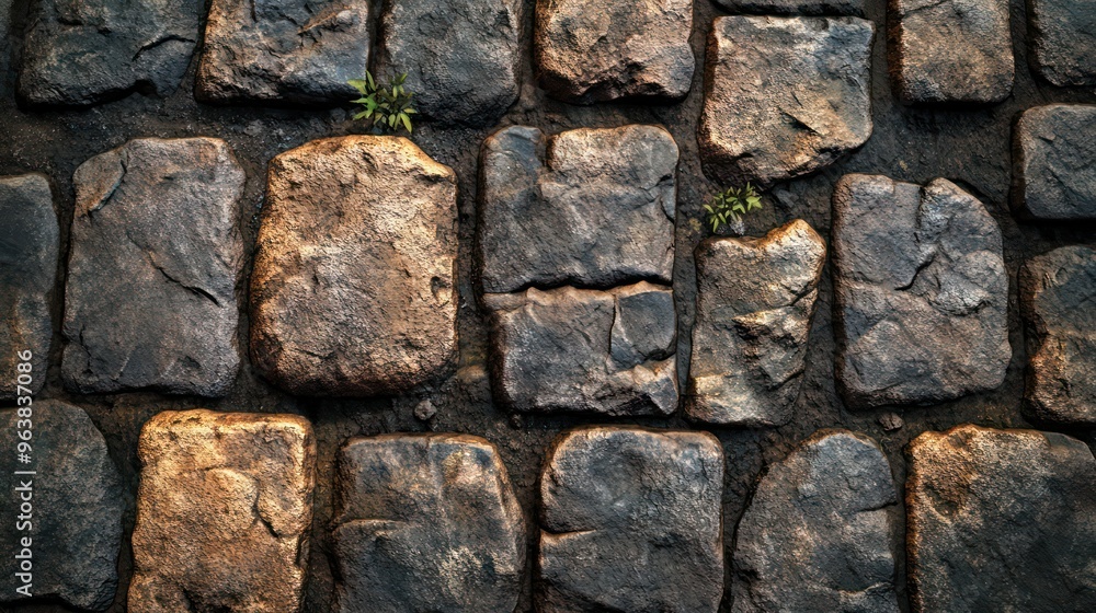 Obraz premium A close up of a stone wall with a plant growing out of a crack. The wall is made of large, rough stones and the plant is small and green. Concept of resilience and growth