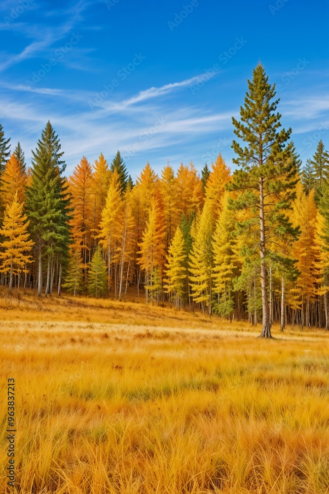 Golden autumn landscape with a field of tall grass and a forest of vibrant trees under a clear blue sky, perfect for nature and seasonal designs. Golden autumn landscape with a field of tall grass and a forest of vibrant trees under a clear blue sky, perfect for nature and seasonal designs.