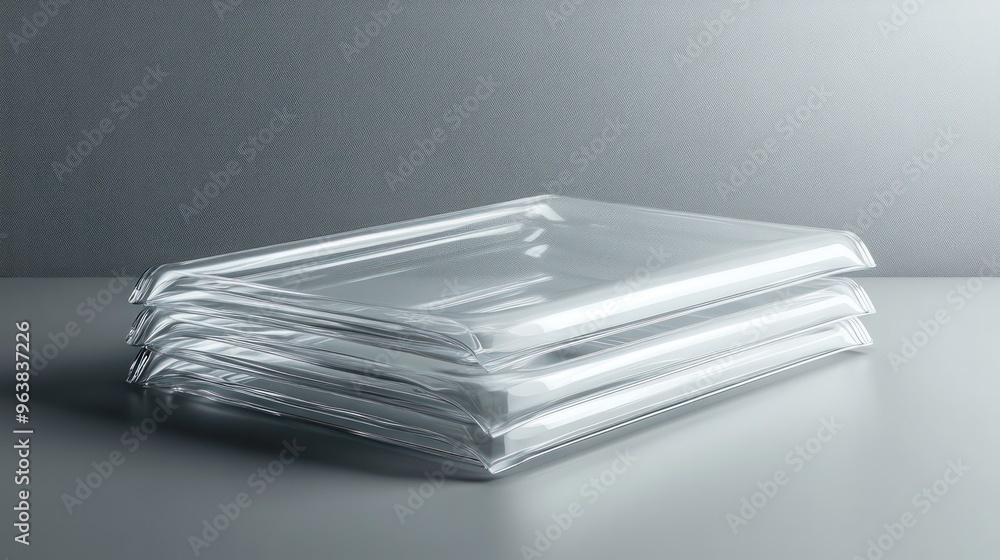 Three clear plastic containers stacked on top of each other. The containers are all the same size and shape Three clear plastic containers stacked on top of each other. The containers are all the same size and shape