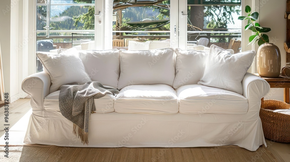 A white sofa with a gray throw blanket sits in a living room with a large window. A white sofa with a gray throw blanket sits in a living room with a large window.