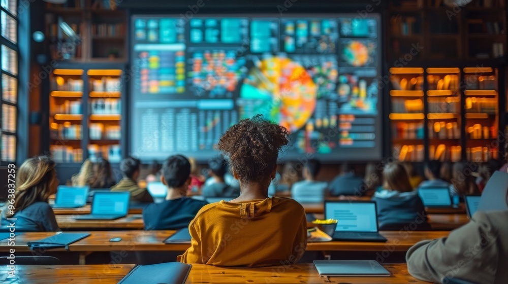 a formal business presentation, with a speaker using a projector to display slides to an engaged audience a formal business presentation, with a speaker using a projector to display slides to an engaged audience