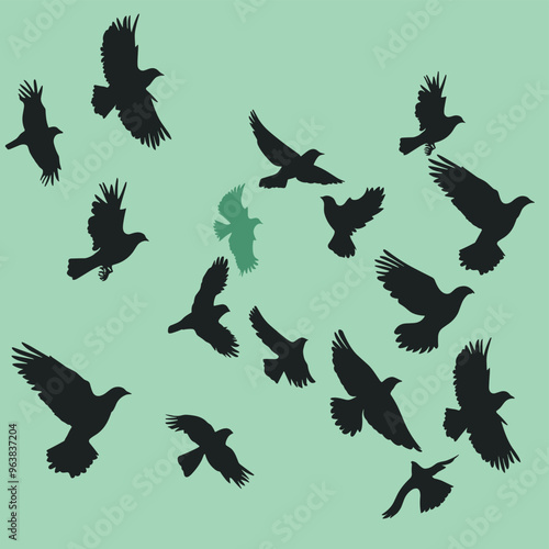 Silhouettes of various birds flying against a pastel green background.