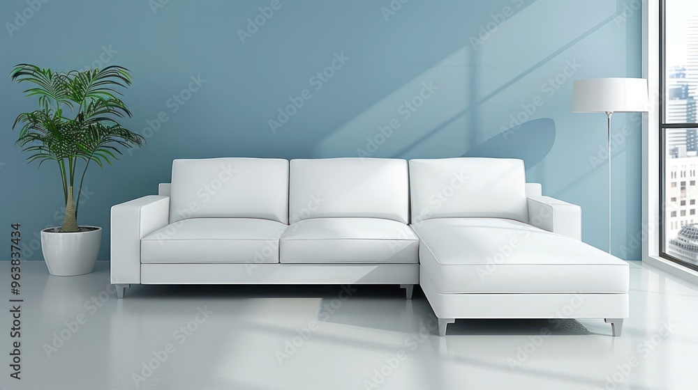 Modern living room interior with white sofa, potted plant, and floor lamp. Modern living room interior with white sofa, potted plant, and floor lamp.