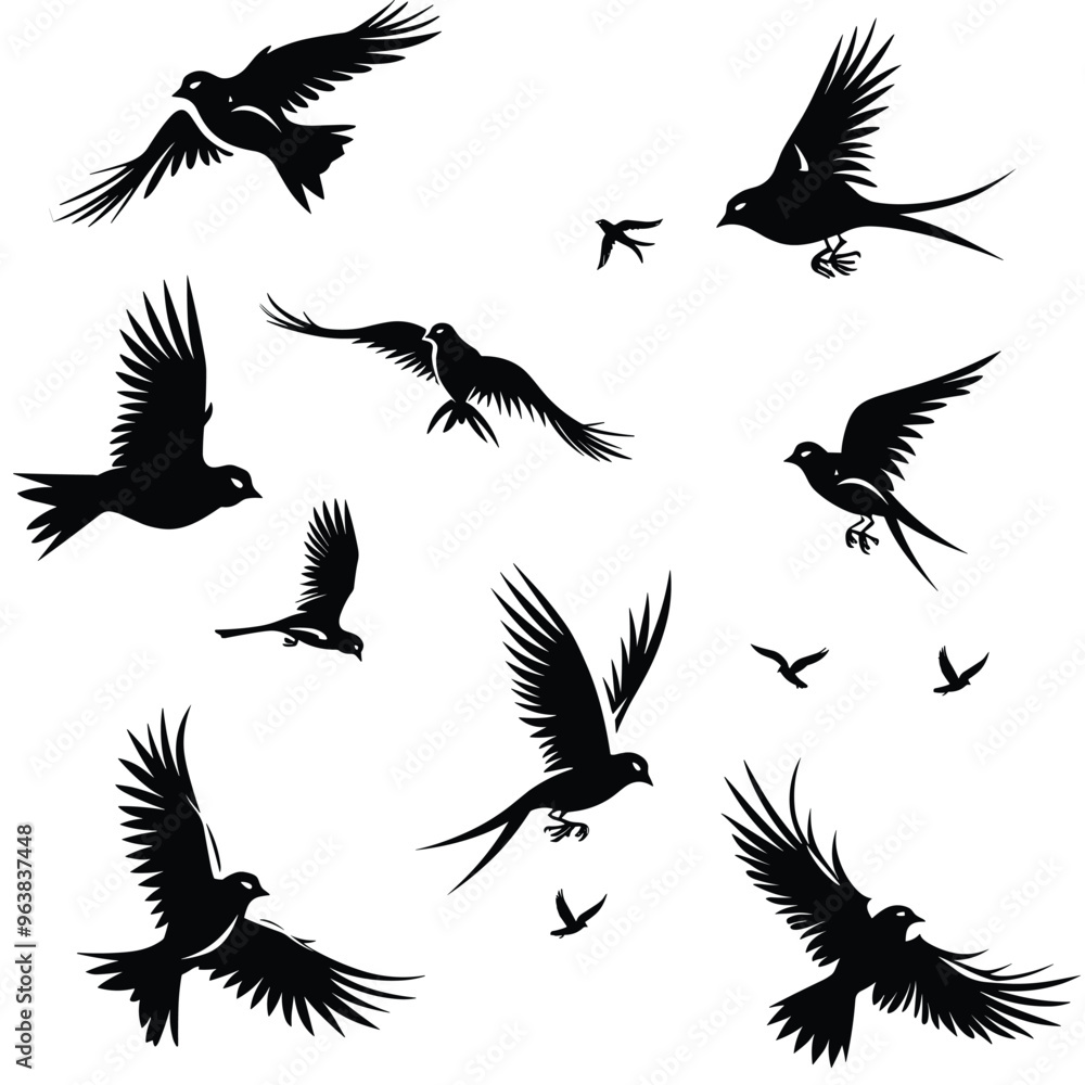 Fototapeta premium Illustration of various black silhouette birds in flight against a white background.