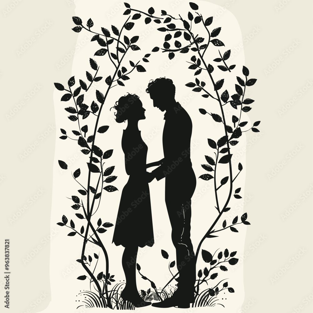 Silhouette of a couple holding hands in an intimate moment, surrounded by leafy vines. Silhouette of a couple holding hands in an intimate moment, surrounded by leafy vines.