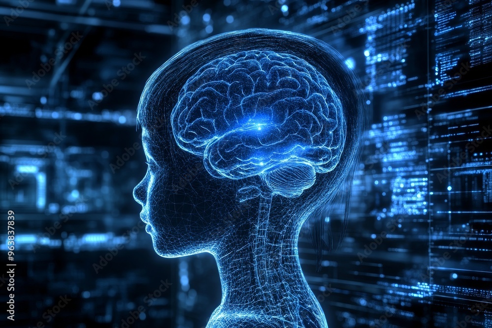 Cerebral cortex cyber human and digital thoughts digital scan of a human brain with a glowing blue neural network representing advanced medical and tech fusion Cerebral cortex cyber human and digital thoughts digital scan of a human brain with a glowing blue neural network representing advanced medical and tech fusion