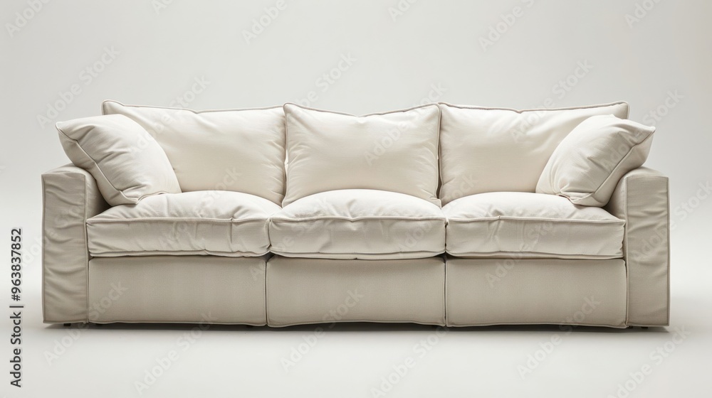 A white, plush sofa with three large cushions sits in a plain white studio. A white, plush sofa with three large cushions sits in a plain white studio.